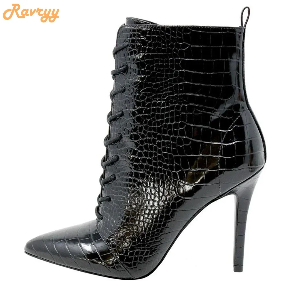 

Black Genuine Leather Ankle Boots Pointed Toe Snake Pattern Women Short Boots Lace Up Stiletto Plus Size 46 Hot Selling Boots