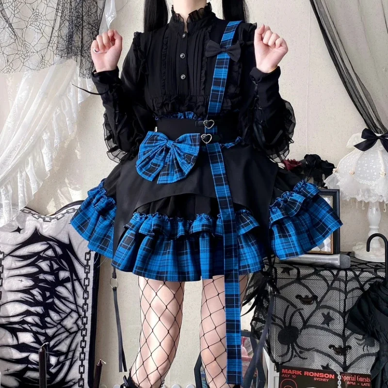 Victorian Gothic Lolita Plaid Bow Suspender Skirt Women Chic Love Button A-Line Mini Skirts Cute Girl Punk Style Y2k Party Skirt