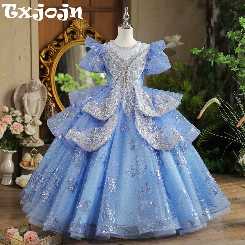 Luxury Blue Sparkling Beaded Girls Dress Wedding Birthday Party Wear Glamorous Puff Sleeve Kids Princess Gown For Performance