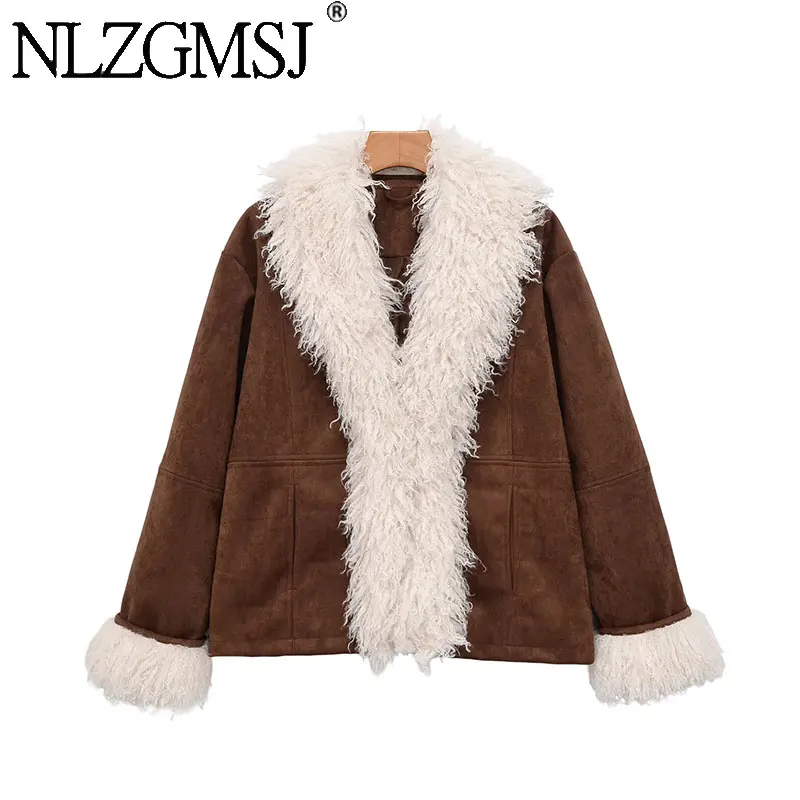 Nlzgmsj 2026 Winter  Women Vintage Brown Faux Suede Jacket Fluffy Faux Fur Collar Cuffs Cropped Coat Fashion Warm Outerwear