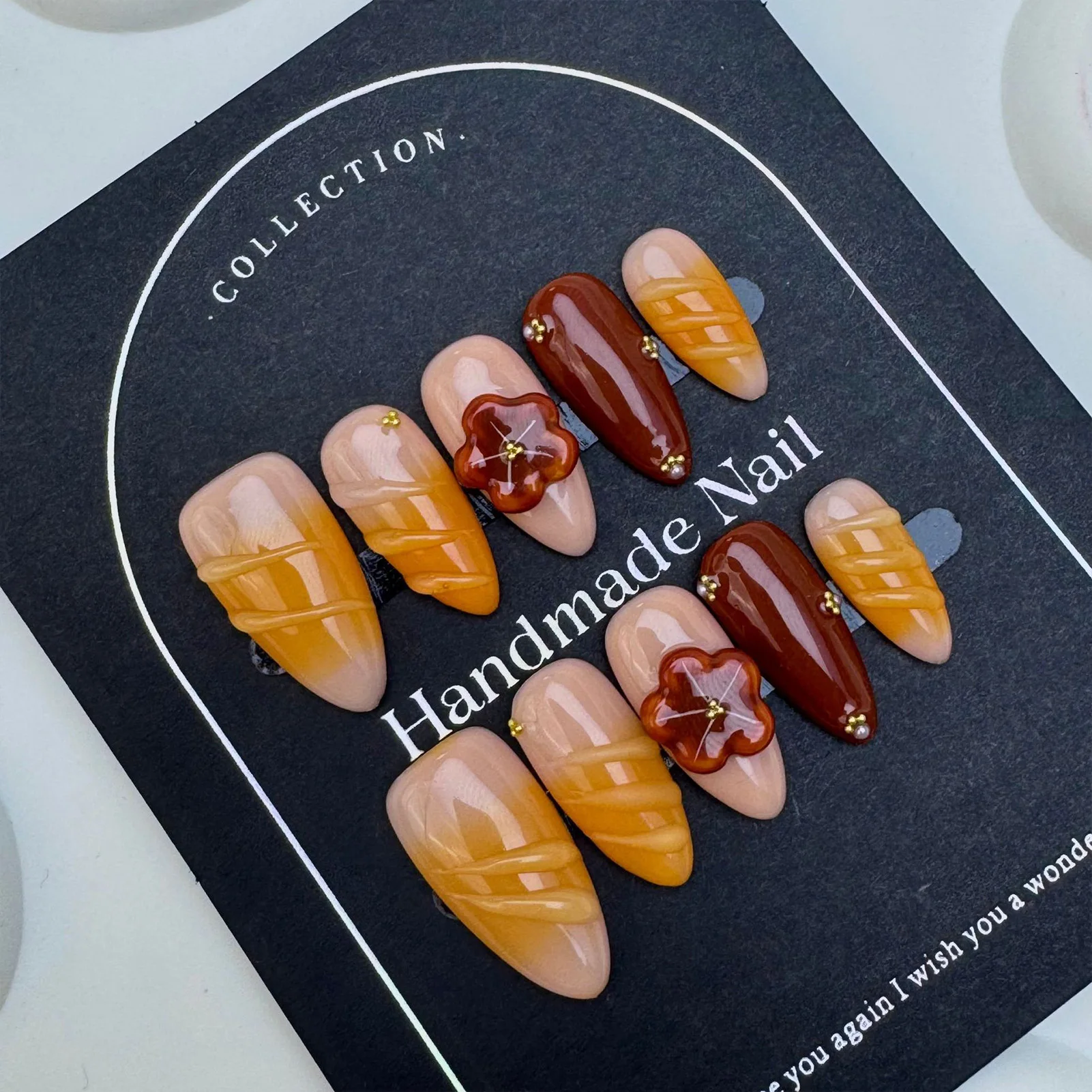 10PCS Sweet Almond False Nails 3D Floral Ombre Press On Nails Handmade False Nails for Women Girls DIY Manicure