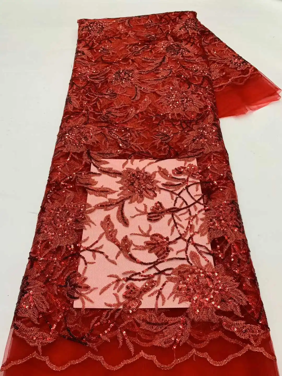 

2025 Hot Sale Tulle Lace Fabric With Beads Sequins New African French Nigerian for High End Wedding Party Bride Sewing Dress