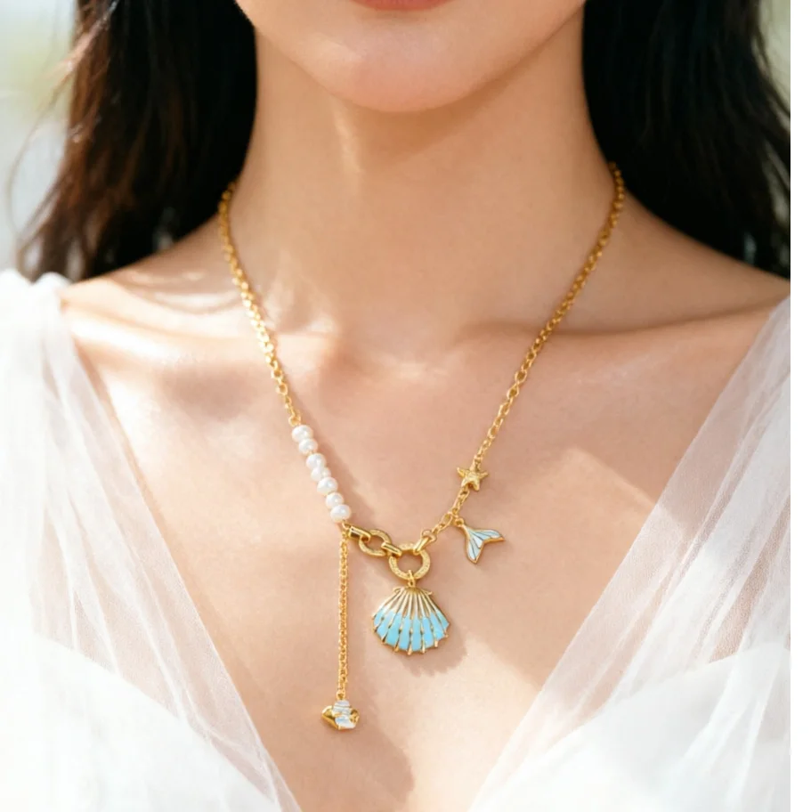 

Necklace Stainless Steel Marine Shell Starfish Conch Pendant Summer Beach Trend 14K Gold Plated Layered Pearl Charm Gift