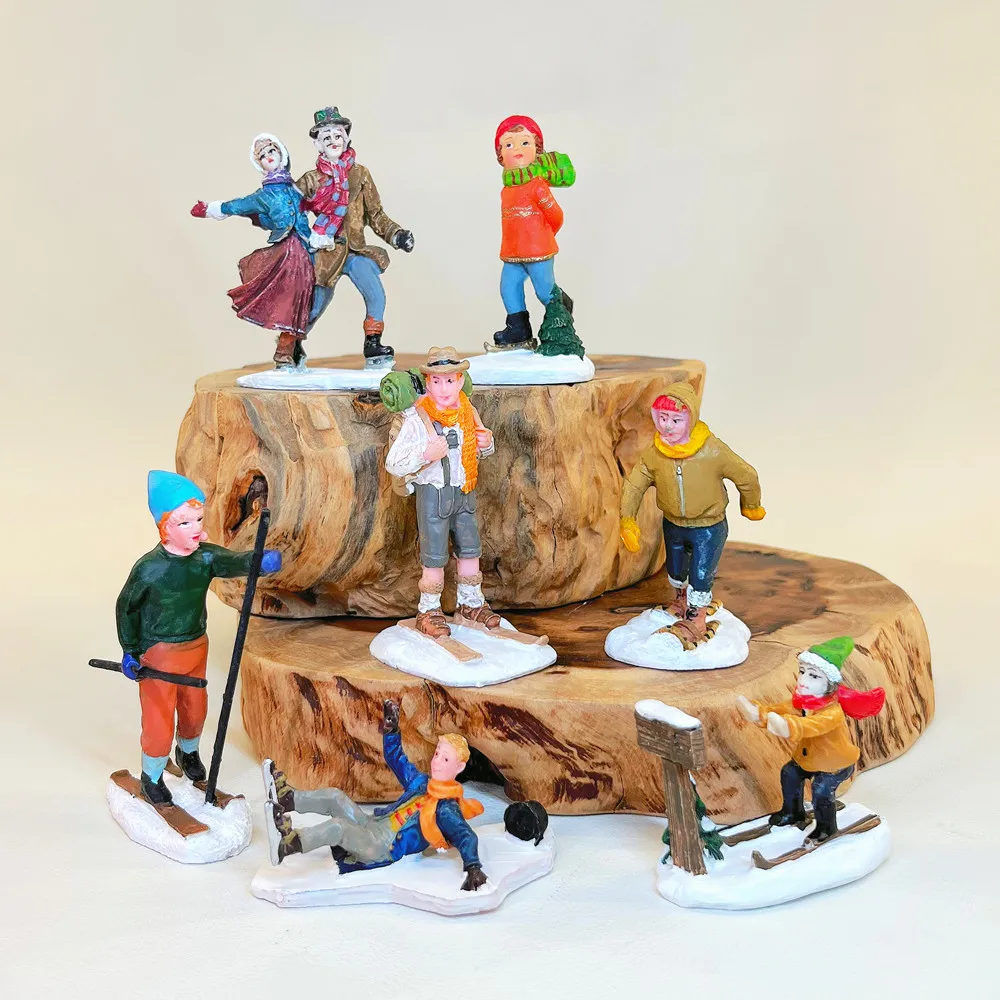 Christmas Village Skiing Figurines, Hand Painted Resin Miniature Winter Snow Skier Figures, Xmas Holiday Diorama Scene Decor