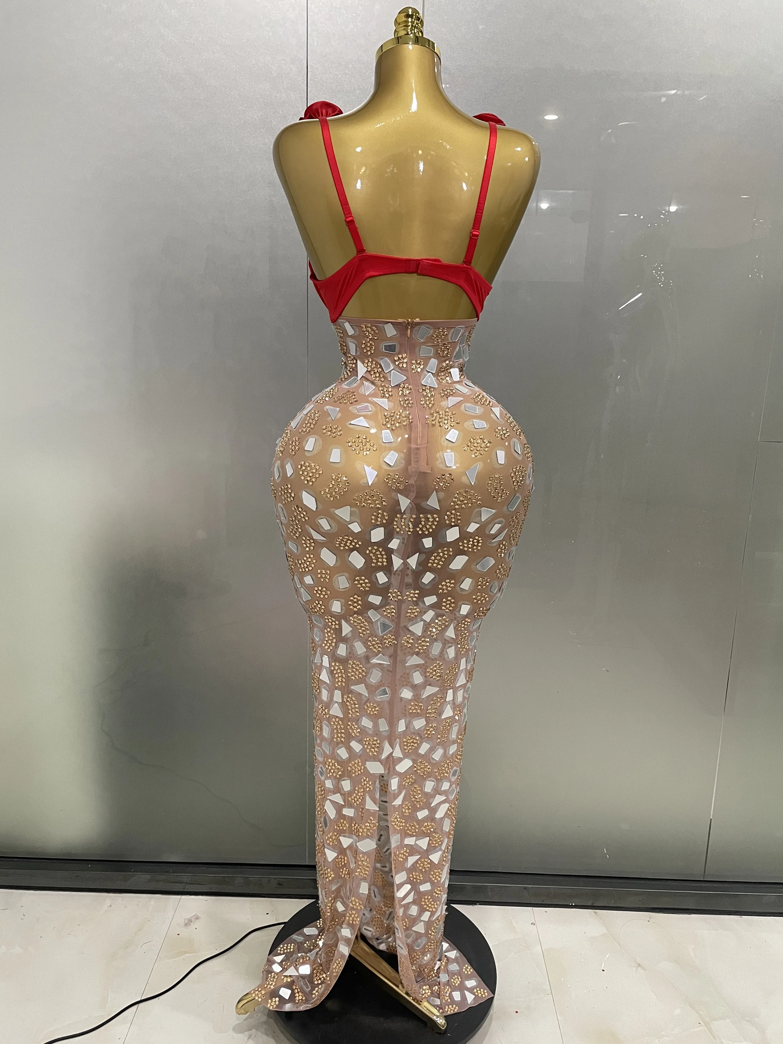 Sexy glitzerndes Strass-Mesh-Spiegel, rote Rosen, langes Kleid, 2025, neue Damen-elegante Abendparty, Club, Bühnenkostüm