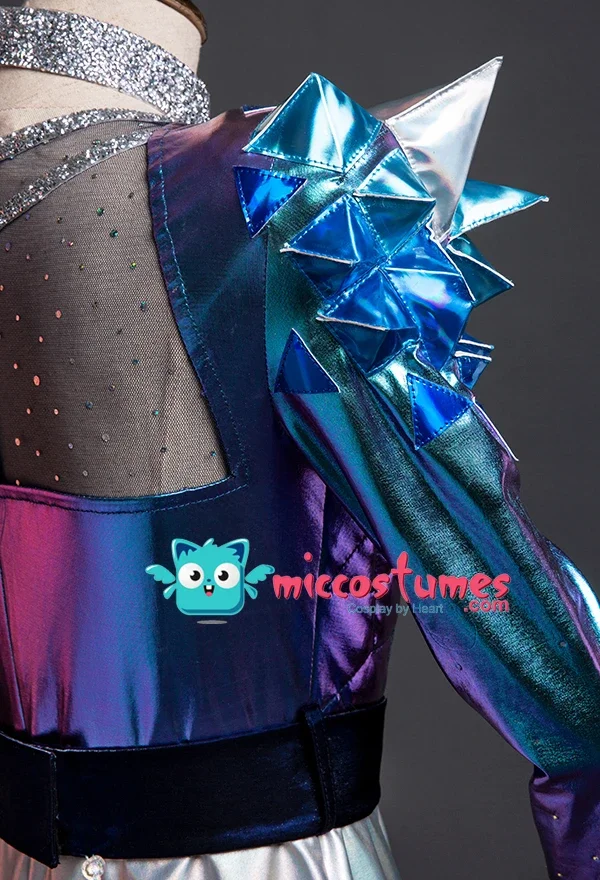 Miccostumes Women\'s Blue Color Shiny Symphony Laser Reflective Splicing Leather Cosplay Costume Outfit with Belt and Neck