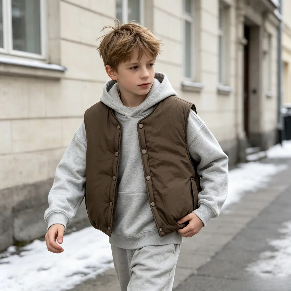 Kids Collarless Padded Vest Button Front Sleeveless Quilted Gilet Boys Girls Minimalist Casual Outerwear Layering Spring Autumn