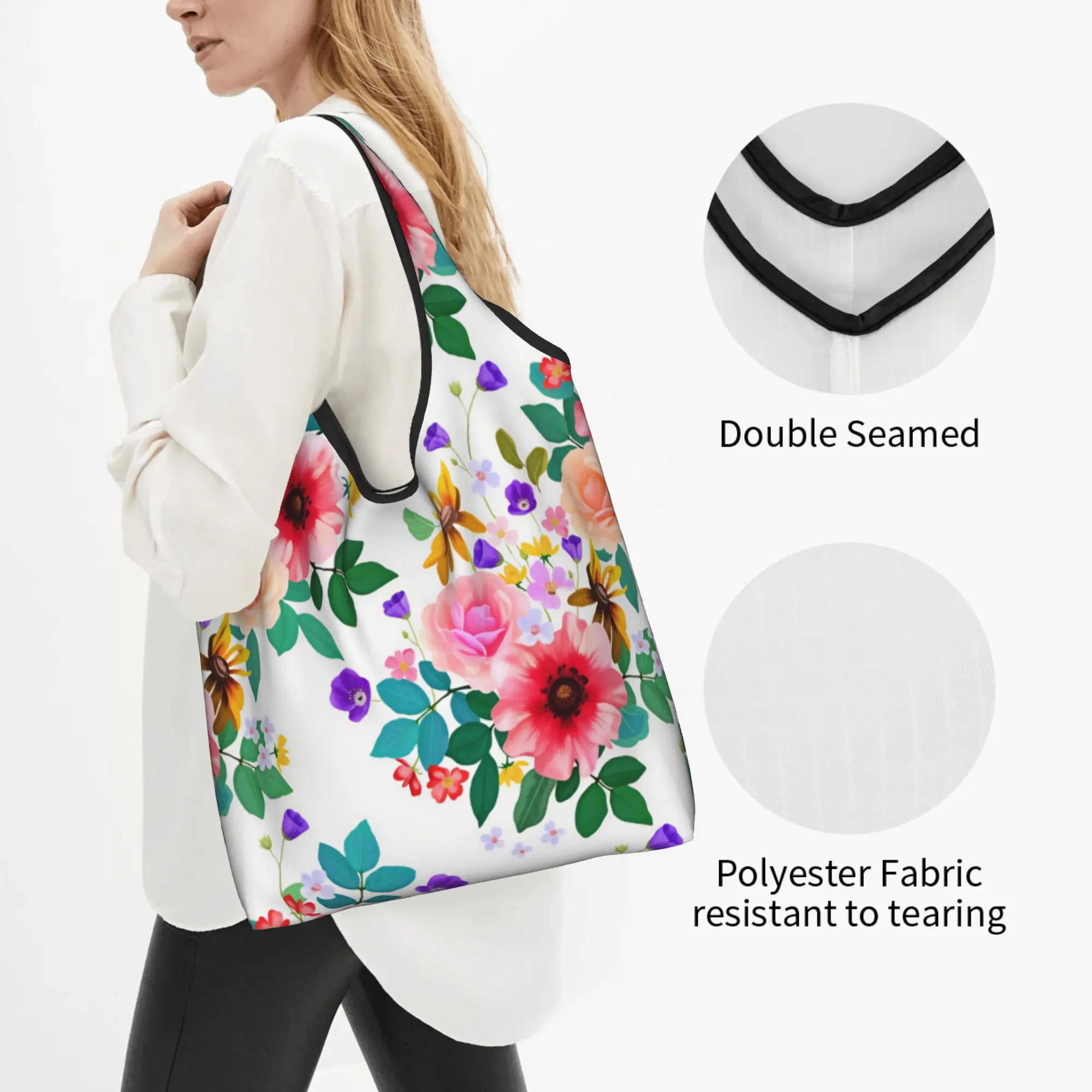 Reusable Beautiful Watercolor Flowers Shopping Bag Women Tote Bag Portable Rose Cone Violet Blossoms Groceries Shopper Bags
