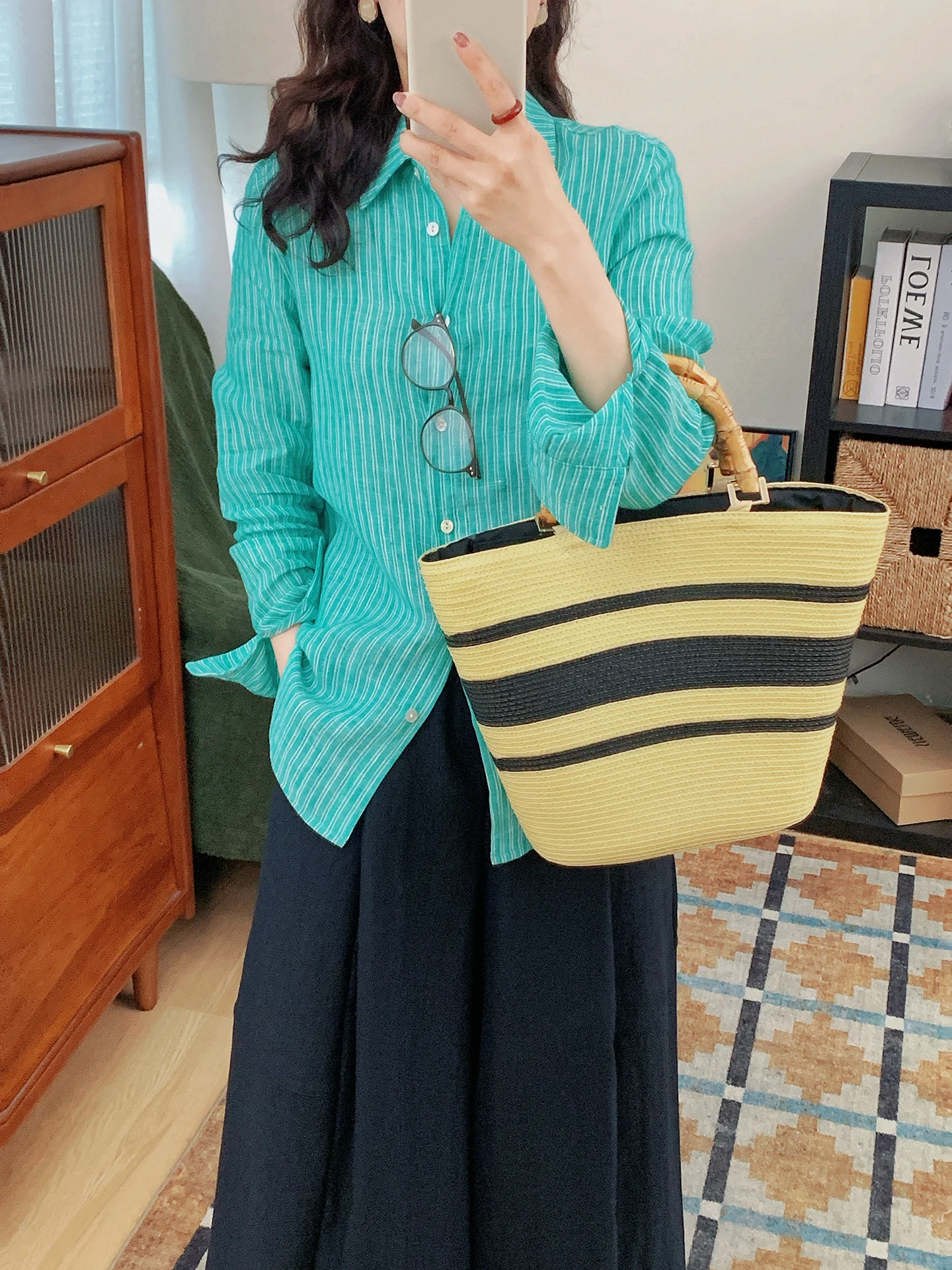 

Original Stripe Beauty Hanmă Color Woven Long Sleeve Collar Linen Shirt Women Breathable Sun Protection Top Casual Loose...