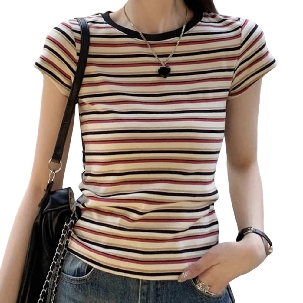 Women Slim Fit Striped Short Sleeve T Shirt Tee for Casual Holiday Party Wear Straight Shoulder Bottoming Tops
