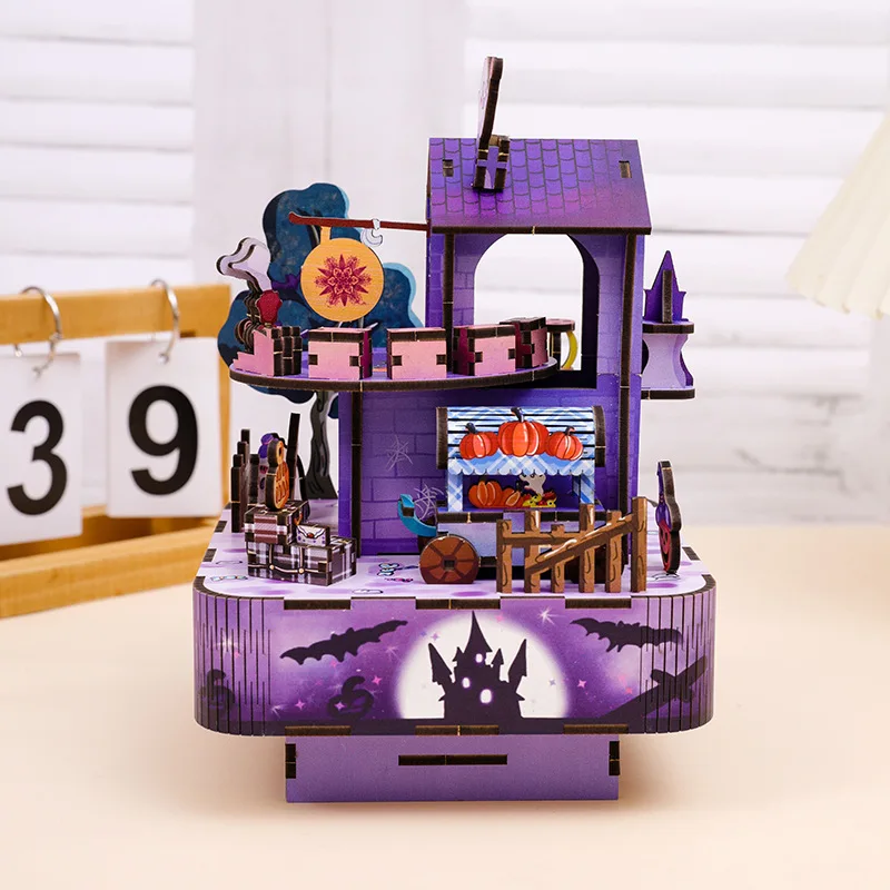 DIY Music Box Wooden Model Building Kits Ghost Train Assembled 3D Jigsaw Puzzles Can Move for Friends Halloween Gifts Home Decor