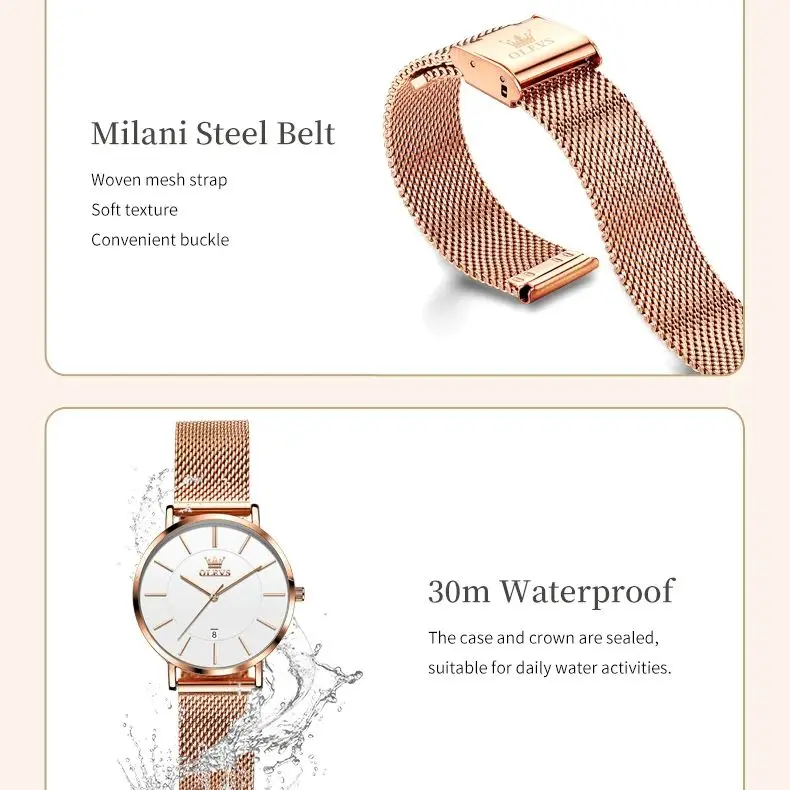 OLEVS 5869 Orologio al quarzo da donna semplice moda Ultra sottile 6,5 mm Data Orologio impermeabile in acciaio inossidabile Orologio da donna elegante di lusso