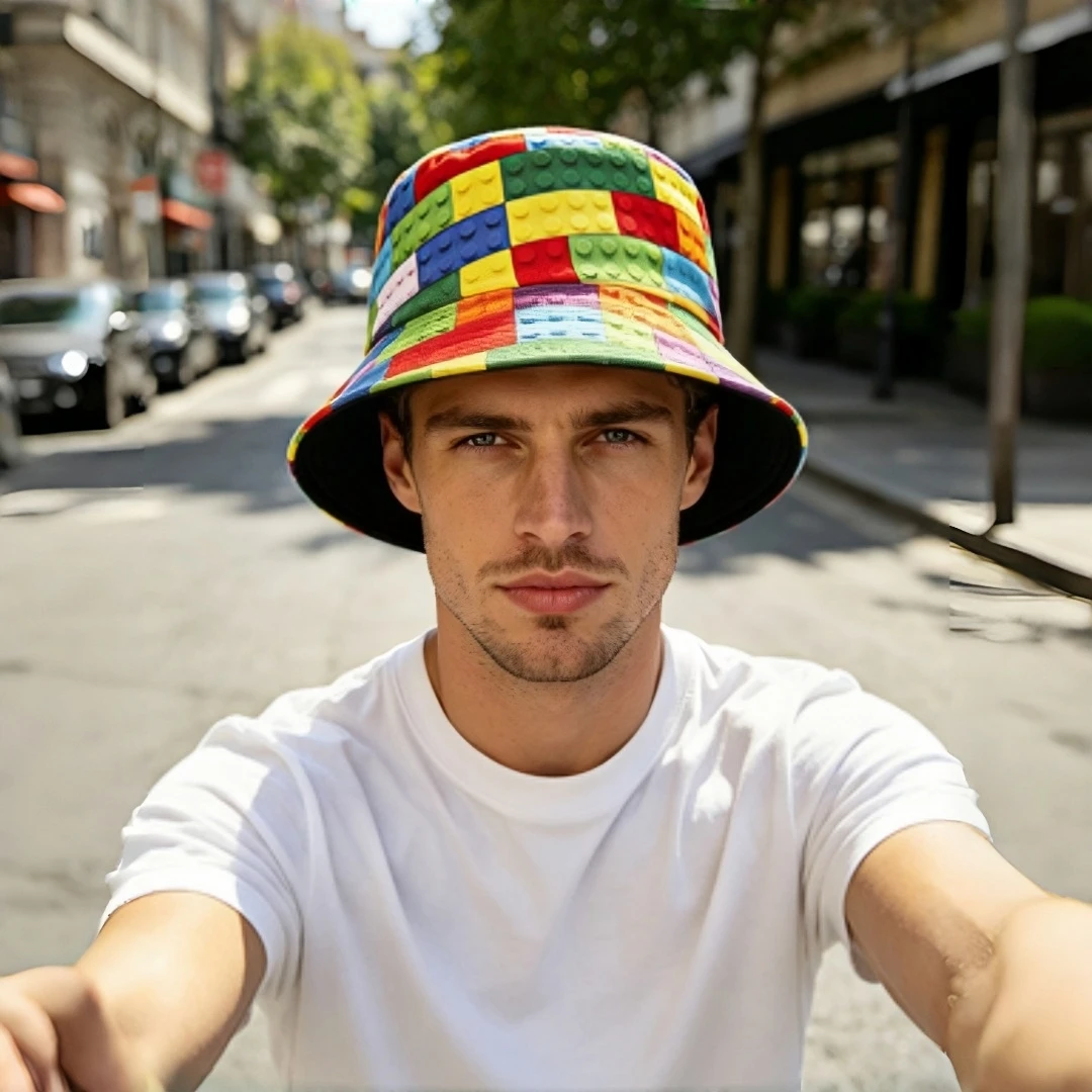 Double Sided Reversible Bucket Hat Colorful Building Blocks Print Lightweight Packable Casual Beach Travel Hat For Men Women