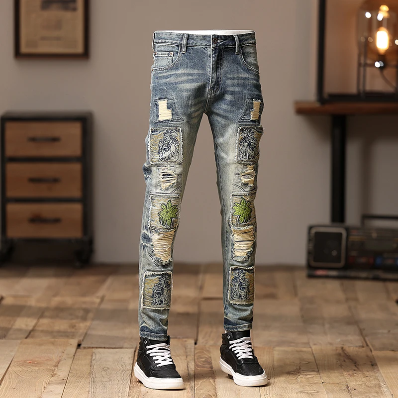 Street Fashion Men Jeans Retro Washed Blue Stretch Skinny Fit Ripped Jeans Men Embroidery Patched Designer Hip Hop Denim Pants