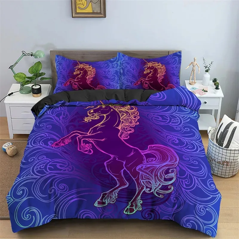 Kids Cartoon Unicorn Duvet Cover Microfiber 3D Animal Comforter Cover Leaping Horse Bedding Set King Queen For Teens Adults Room