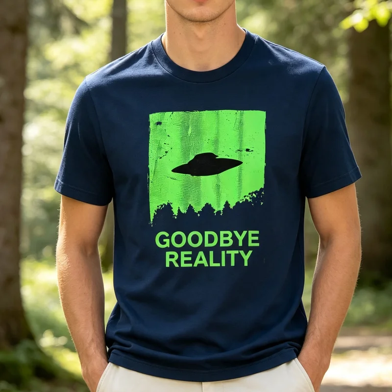 GOODBYE REALITY UFO T Shirt Green Alien Spaceship Casual Cotton Short Sleeve Tee Vintage Sci Fi Streetwear Top Unisex Fashion