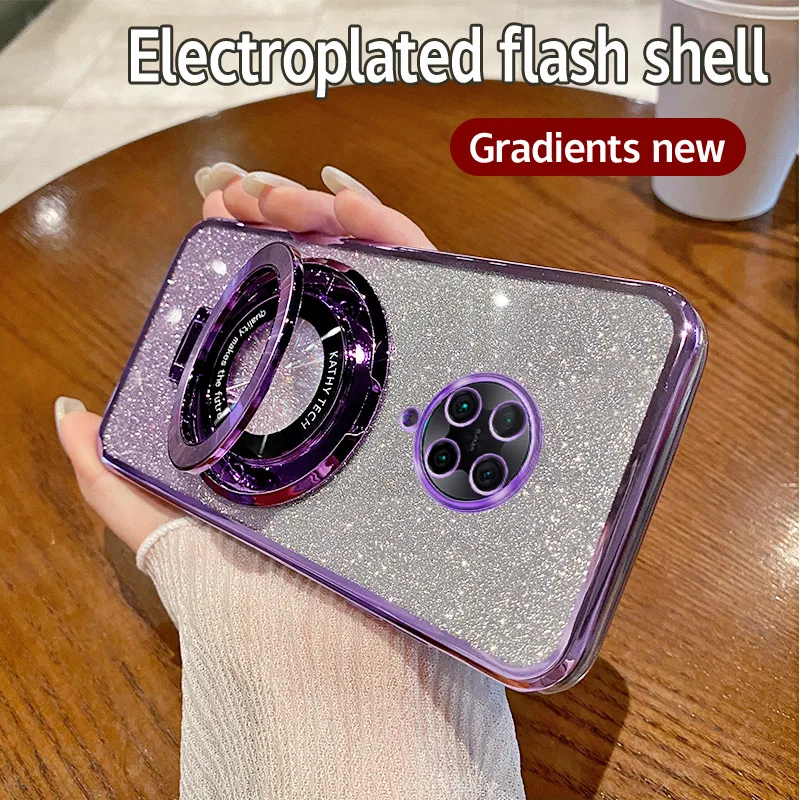 Voor Xiaomi Poco F2 Pro Behuizing Galvaniseren Zachte Glitter TPU Telefoon Terug Luxe Cover Xiaomi F2Pro Telefoon Case Beugel Magnetische