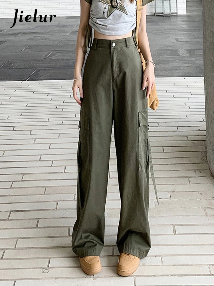 

Jielur American Style High Street Straight Female Cargo Pants Solid Color Full Length Fashion Women's Wide Leg Pants Office Lady