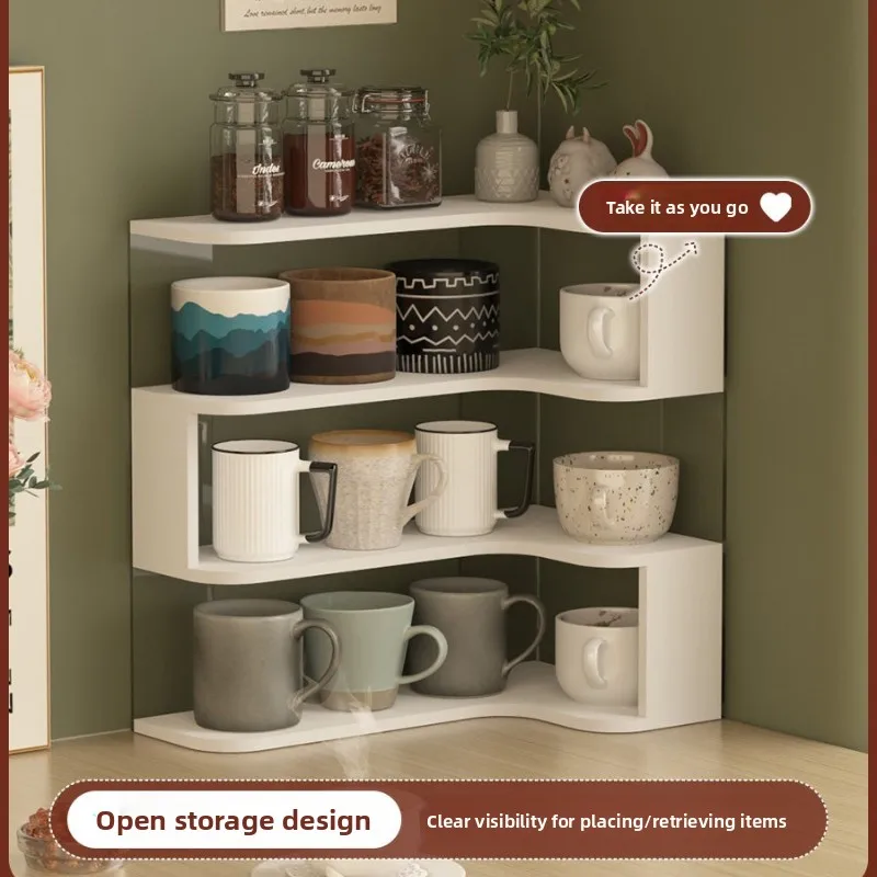 Cream Wood Corner Floating Shelf Multi-layer Desktop Cup Rack Space Saving Coffee Mug Holder Kitchen Table Storage Organizer