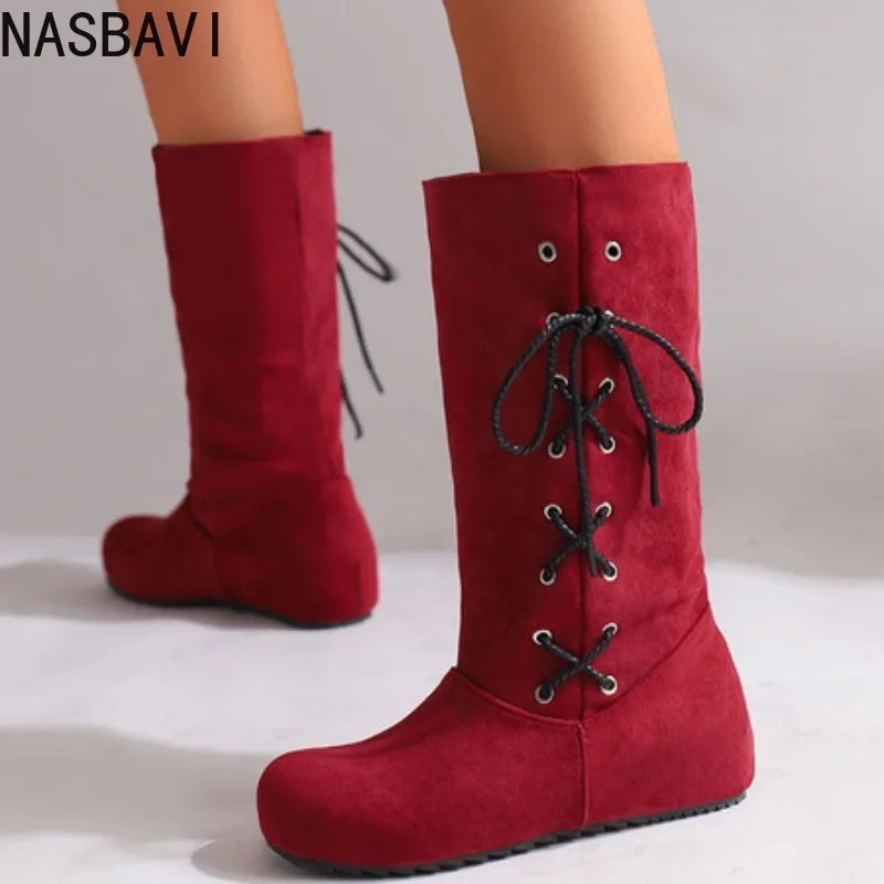 

2025 New Winter Mature Wine Mid-Calf Riding Boots Wedges Heel Lady Dress Shoes Plus Big Size 42 43