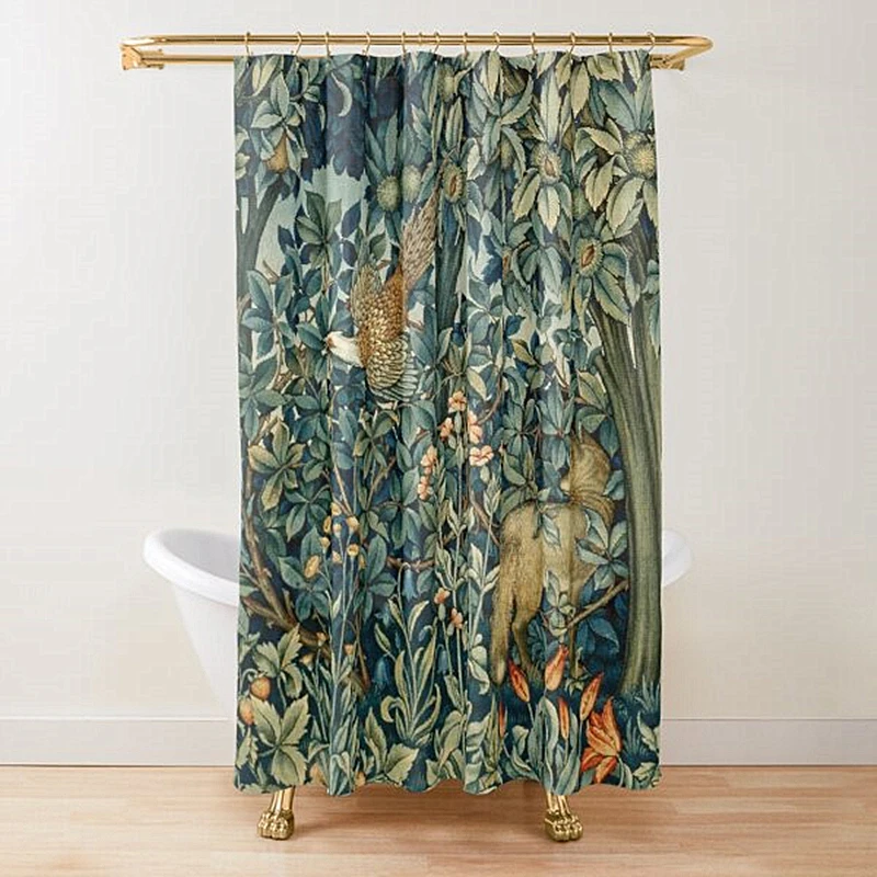 Forest Animals Pheasant and Fox Blue Green Floral Shower Curtain Hares Forest Greenry Shower Curtain Set for Bathroom with Hooks