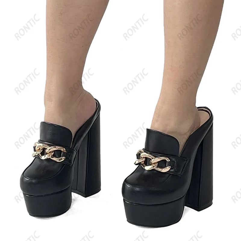 Rontic Handmade Women Platform Mules Pumps Sexy Chunky Heels Round Toe Pretty Black Street Shoes Ladies US Plus Size 5-20