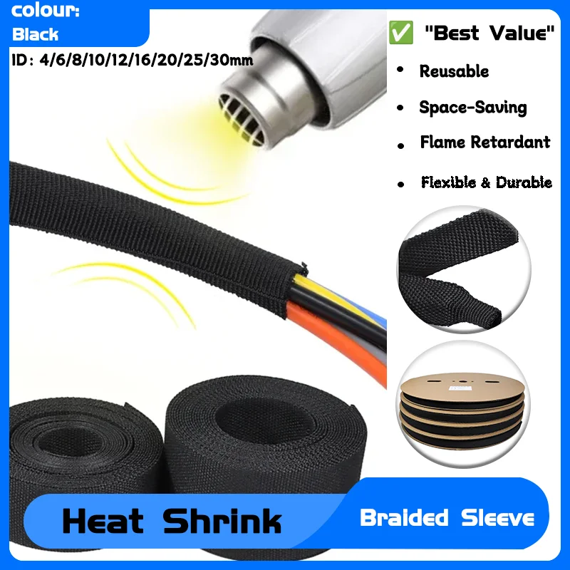 

4/6/8/10/12/16/20/25/30mm PET Contraction Insulation Flam Retardant Wire Wrap Sheath 1~50M Heat Shrink Braided Cable Sleeve