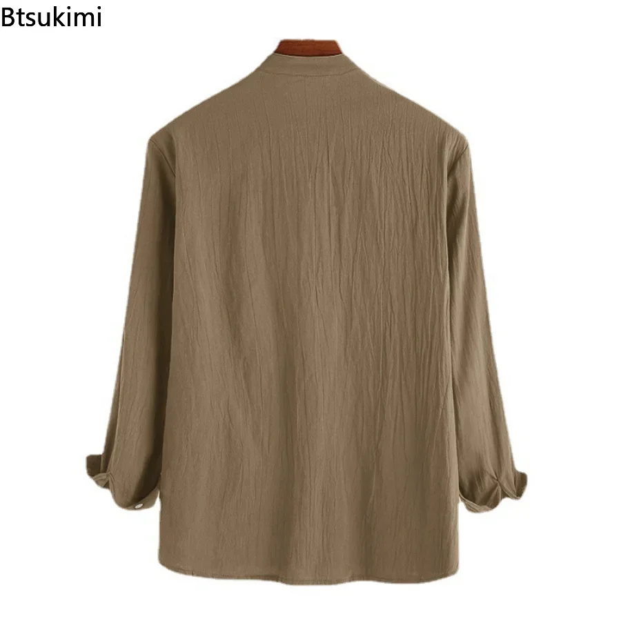 2025Men's Casual Cotton Linen Shirts Solid White Long Sleeve Loose Shirt Slim Pullover Fashion Handsome Boy Shirts Tops Clothing