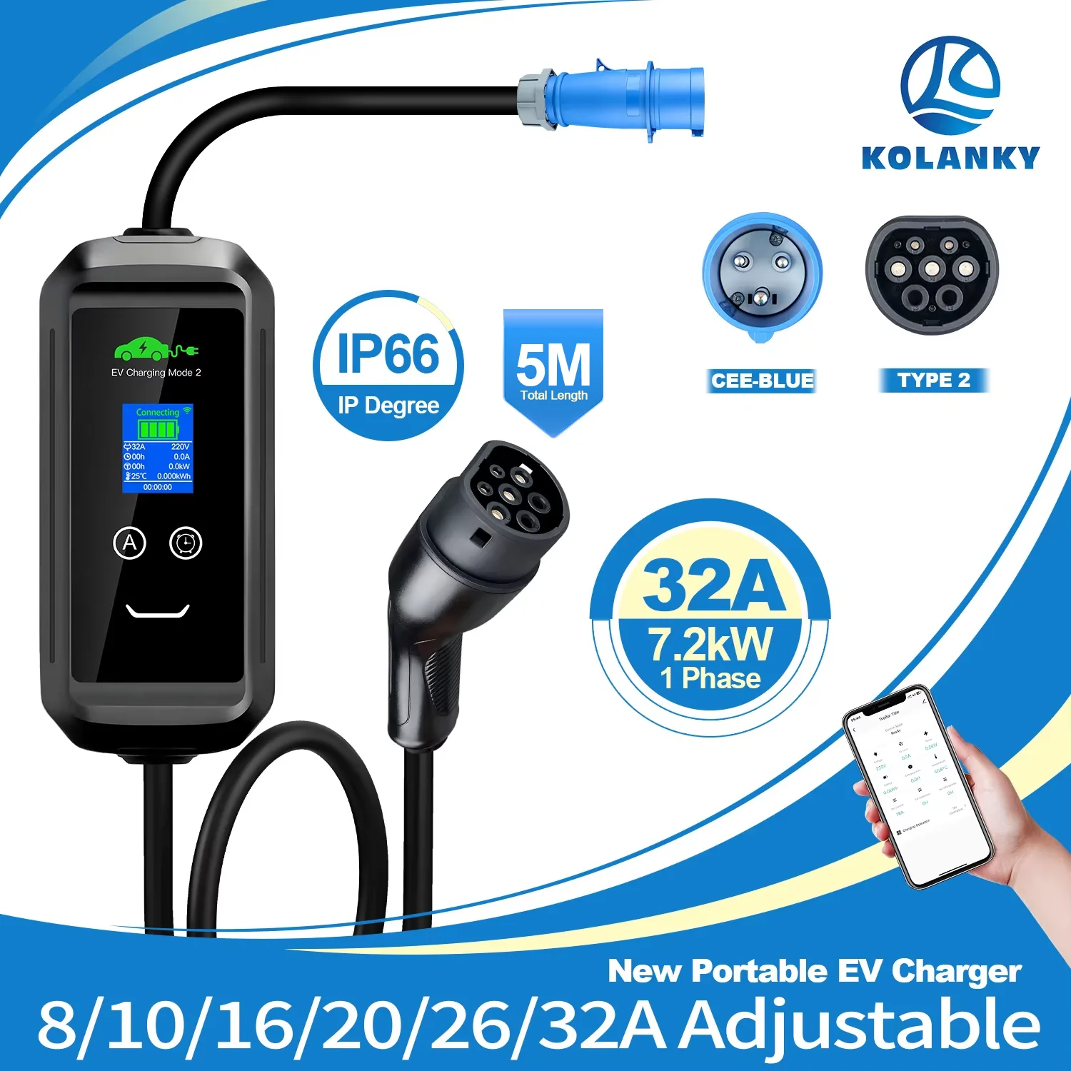 Kolanky 32A 7,2 kW tragbares EV-Ladegerät Typ2 Elektrofahrzeug-Ladegerät Tuya APP-Steuerung IP66 insgesamt 5 m für Elektrofahrzeuge vom Typ 2