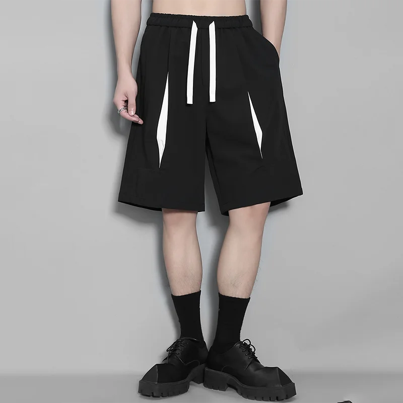 MWJLPWQ Black Casual Shorts With White Drawstrings Elastic Waistband Loose Fit Streetwear Comfortable Mid Length Pants Men 16735