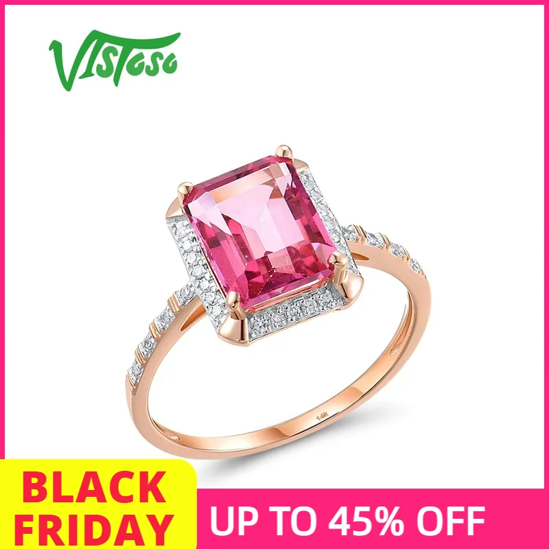 

VISTOSO натуральное кольцо-пасьянс из розового золота 14 карат 585, кольца для женщин, сверкающий бриллиант, розовый топаз, прямоугольник, великолепные изысканные модные украшения