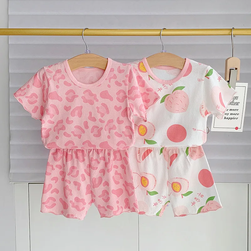 1Set Kids Cartoon Leopard Print Clothing Summer Thin Baby Fashion Short Sleeve Suits Girls T-Shirts+Shorts Children Outfits