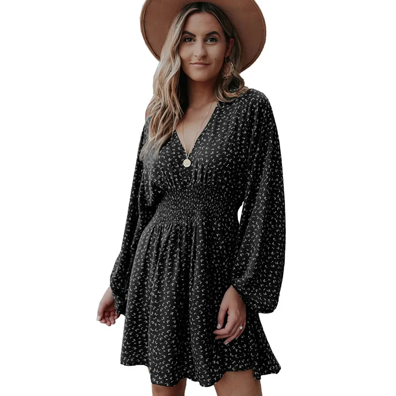 

new style polka dot dress women clothing pullover V-neck long-sleeved pleated waist slim dress sweet dress