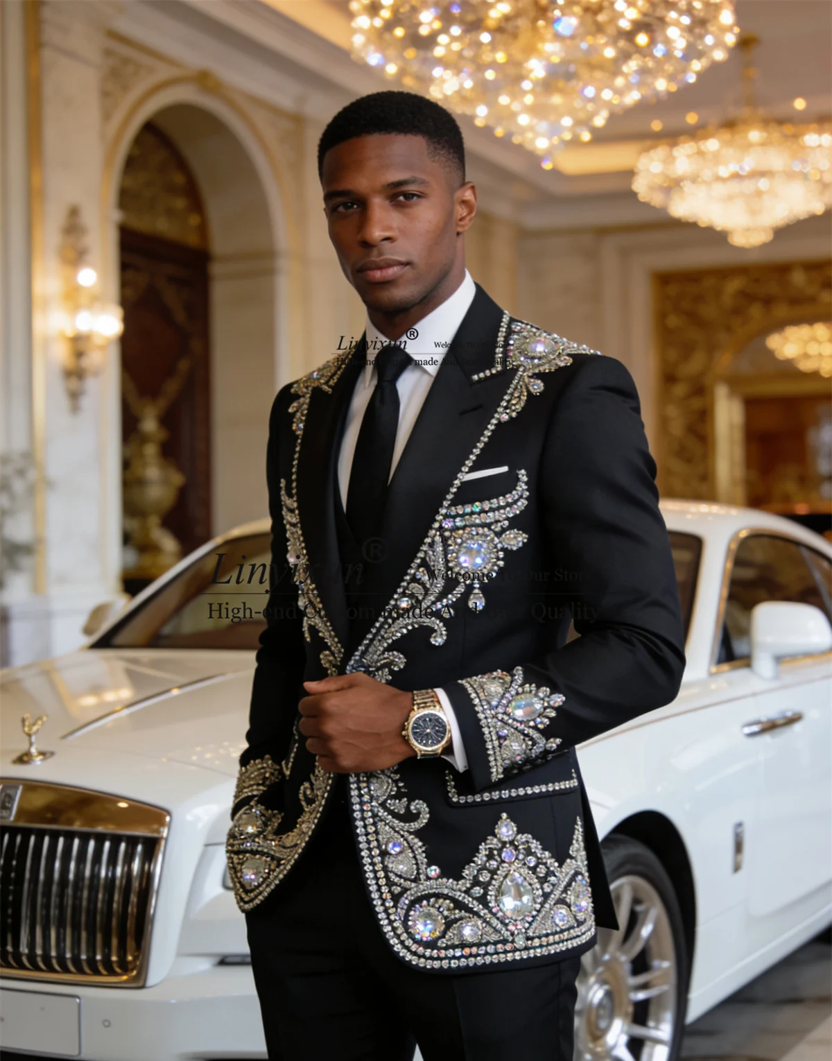 

Sparkly Metal Embellished Men Suits Peaked Lapel Groom Tuxedos Customized Wedding Blazers Outfit 2 Pieces Sets Slim ropa hombre