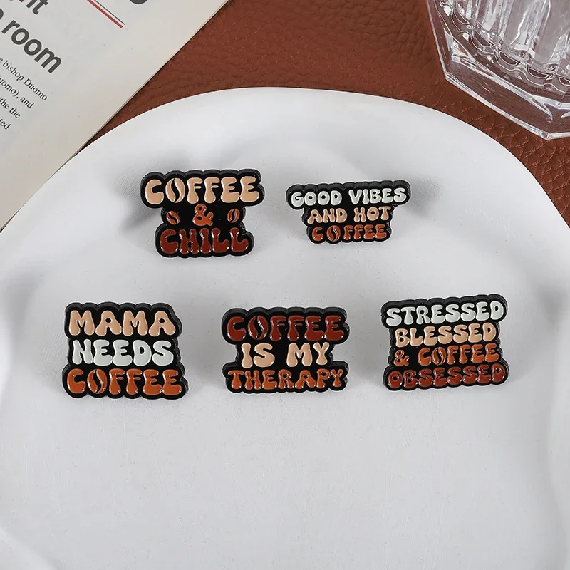Stressed Blessed Coffee Obsessed Custom Letters Quotes Enamel Pins Cartoon Coffee Machine Cup Hourglass TV Reading Rainbow Pins