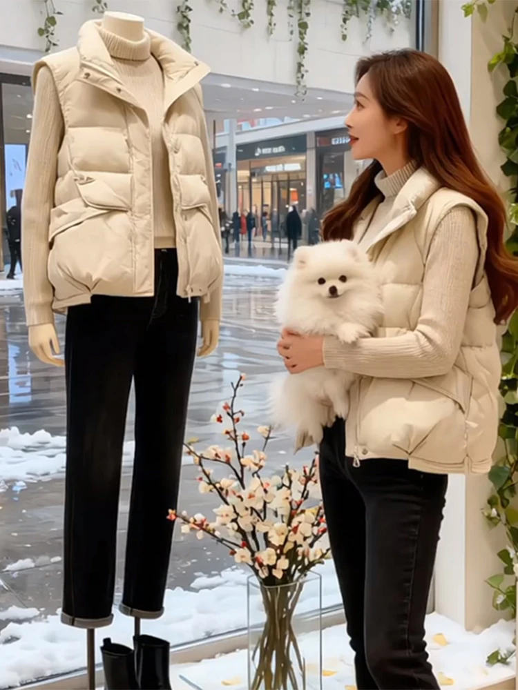 

Женский жилет свободного кроя с эффектом похудения, корейский стиль, на молнии, с воротником-стойкой, из шерстяного материала, для повседневной носки, модный дизайн