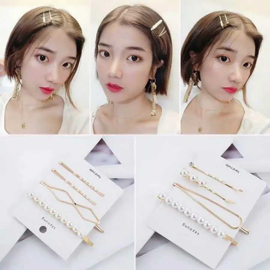 3pcs Korean Fashion Hairpin for Women Fashion Simple Sweet Bangs Hair Clip Metal Pearl BB Clip Geometric Girl Hair Accessories