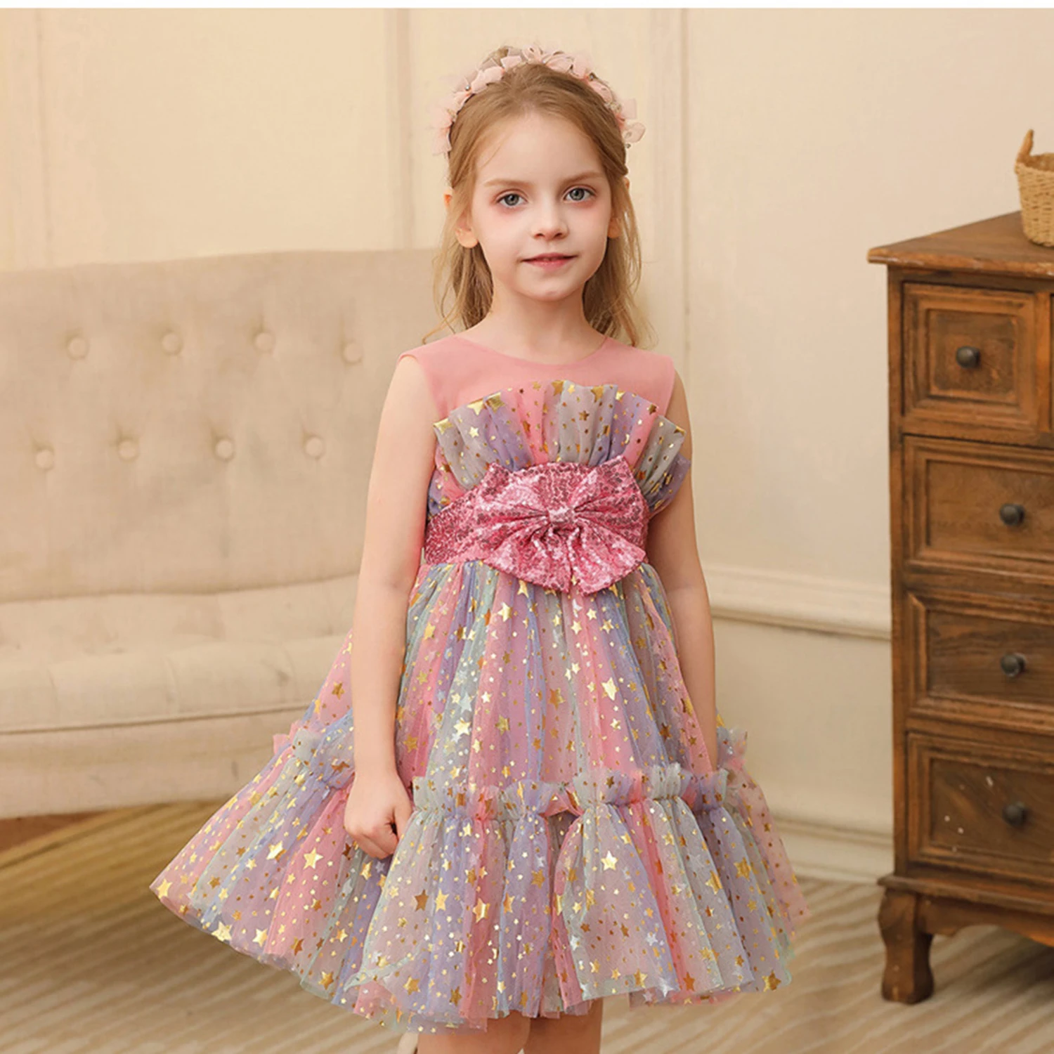 

Michella Fashion 1-9 Years Sequined Star Appliqued Rainbow Birthday Party Graduation Ceremony Pageant Formal Dress