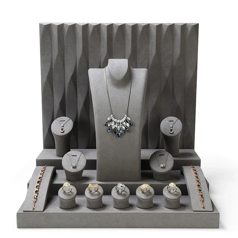 

Gray microfiber light luxury jewelry display props, high-end necklaces, rings, jewelry display racks, window display racks