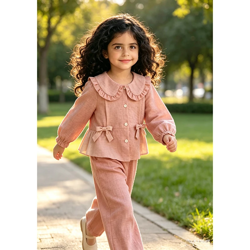 Little Girls 4-7 Casual Matching Suit, Button Front Long Sleeve Top Elastic Waist Straight Pants Textured Fabric Spring Outfit
