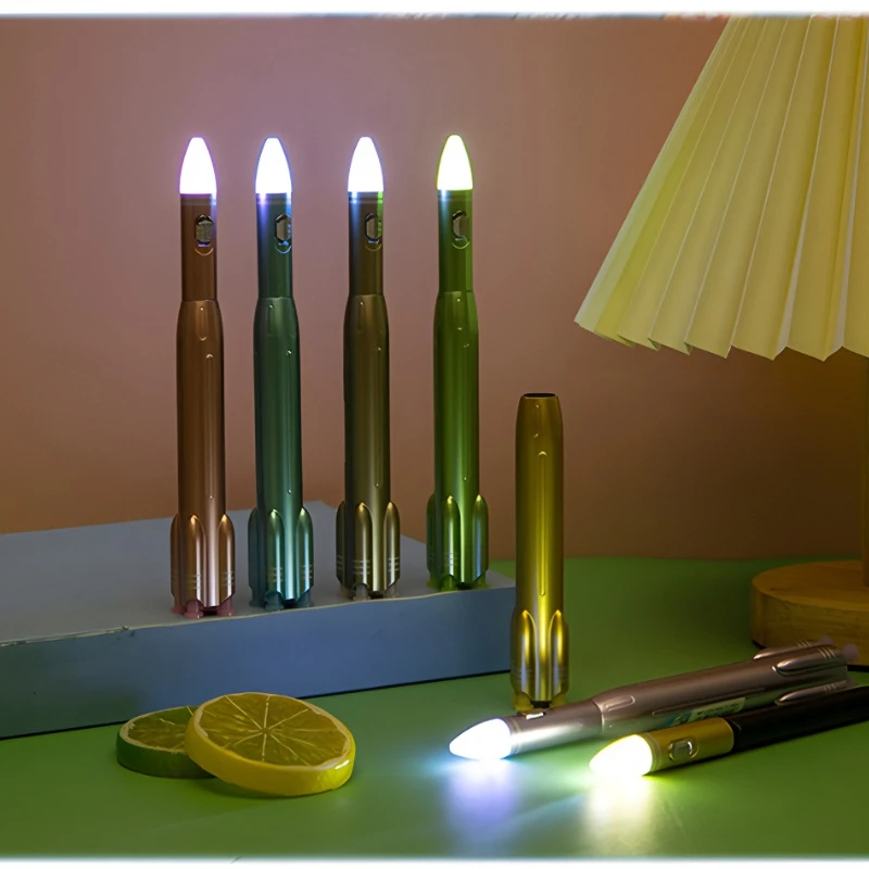 Creative Rocket Missile with Light Gel Pen Black Ink Glowing Rocket Stand Neutral Pen Student School Stationery Kids Prize Gift