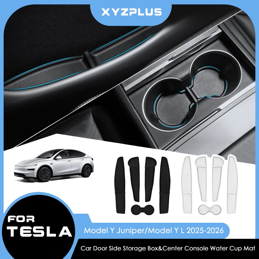 

5PCS TPE Car Door Storage Box Central Console Water Cup Holder Mat For Tesla Model Y Juniper Model Y L 2025 2026 Car Accessories