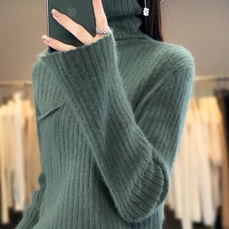 Ltalian Designer! Pure Mink Cashmere Sweater Women, Sweter z dzianiny z wysokim kołnierzem, Szeroki pasek Duży rozmiar Długie rękawy, Jesień, Gorąca