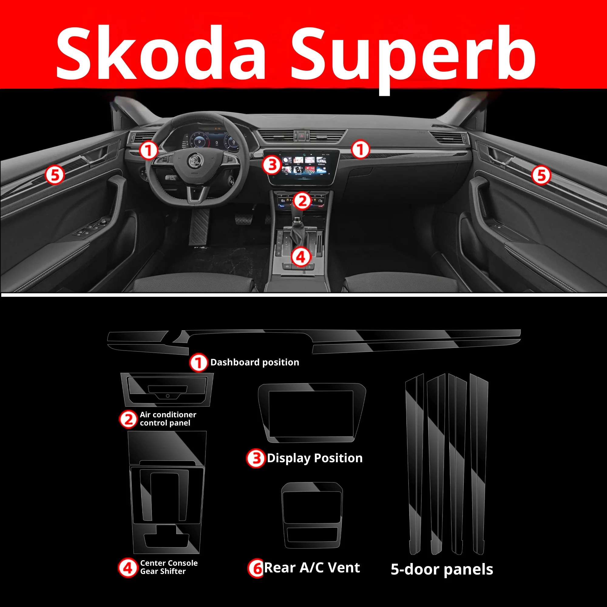 Para skoda superb película protetora interior, kit de adesivo de painel de console central anti-risco, acessórios sedan