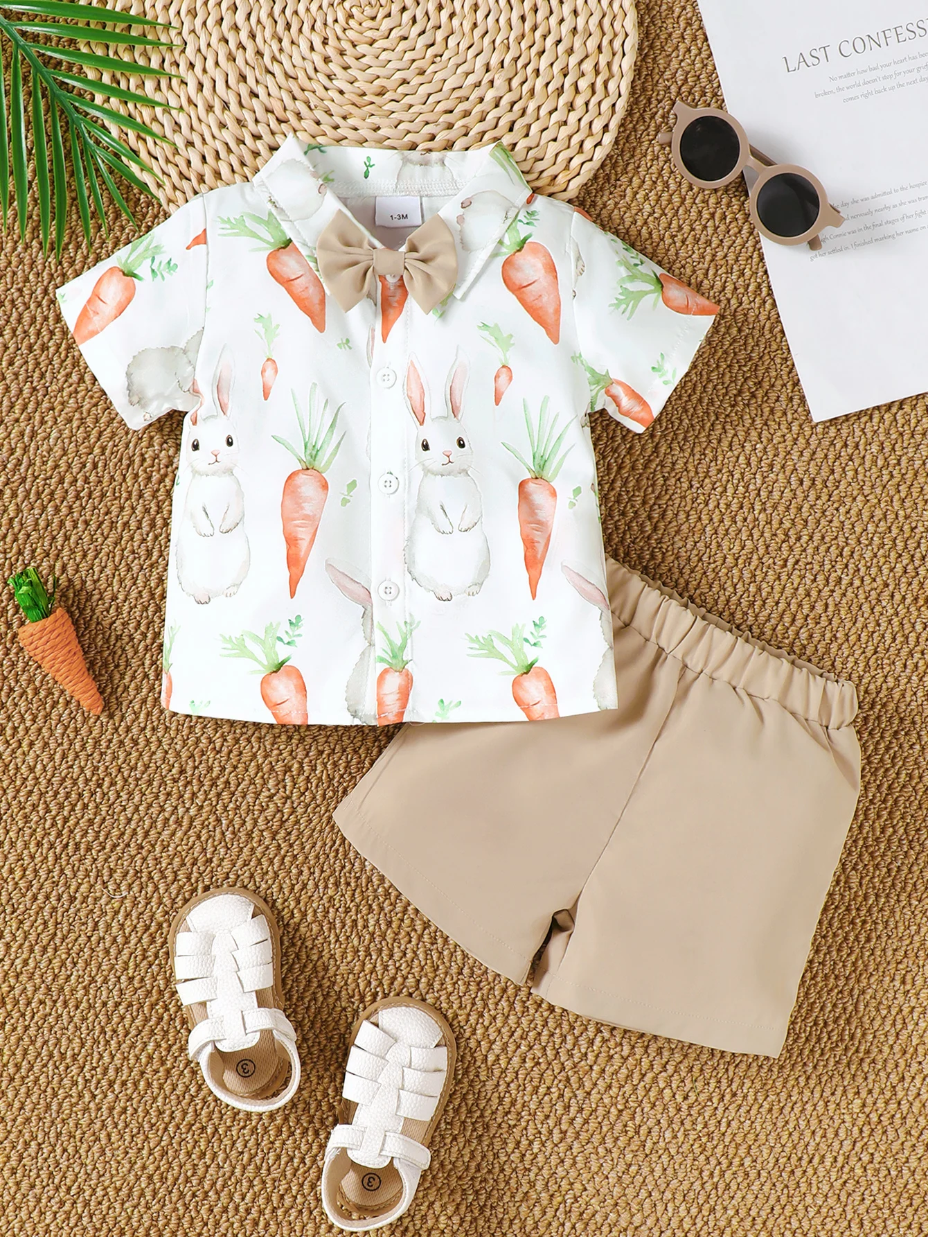 Baby Boy Easter Outfit Short Sleeve Shirt Carrot Print Top with Shorts Spring Summer Two-Piece Set for Little Gentlemen