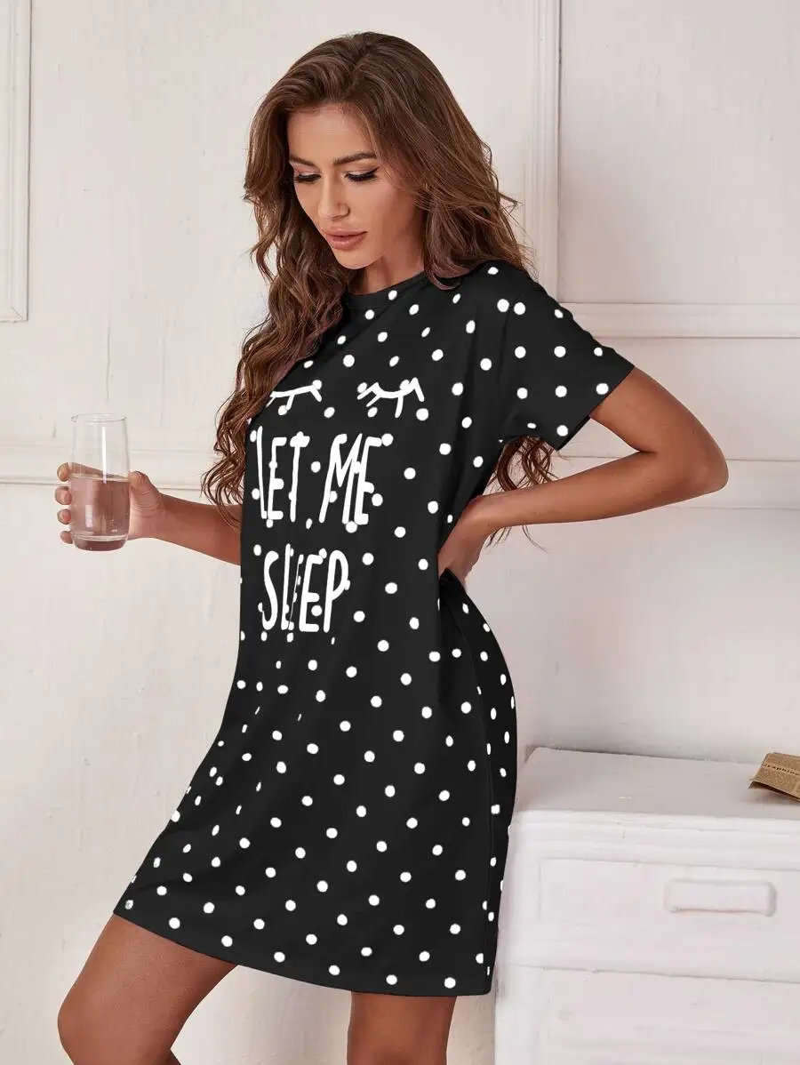 

Polka Dot Print Slogan Nightdress Pajama Dress Short Sleeve Sleepwear