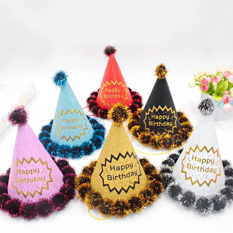 Chapeaux cône fête pour enfants, chapeaux fête, chapeau d'anniversaire, chapeaux coniques avec pompons élastiques