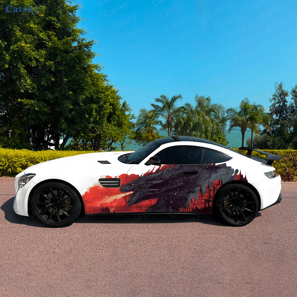 Flames, dragon, fierce destruction, red - waterproof and scratch-resistant decorative protection - designed car vinyl wrap - sui