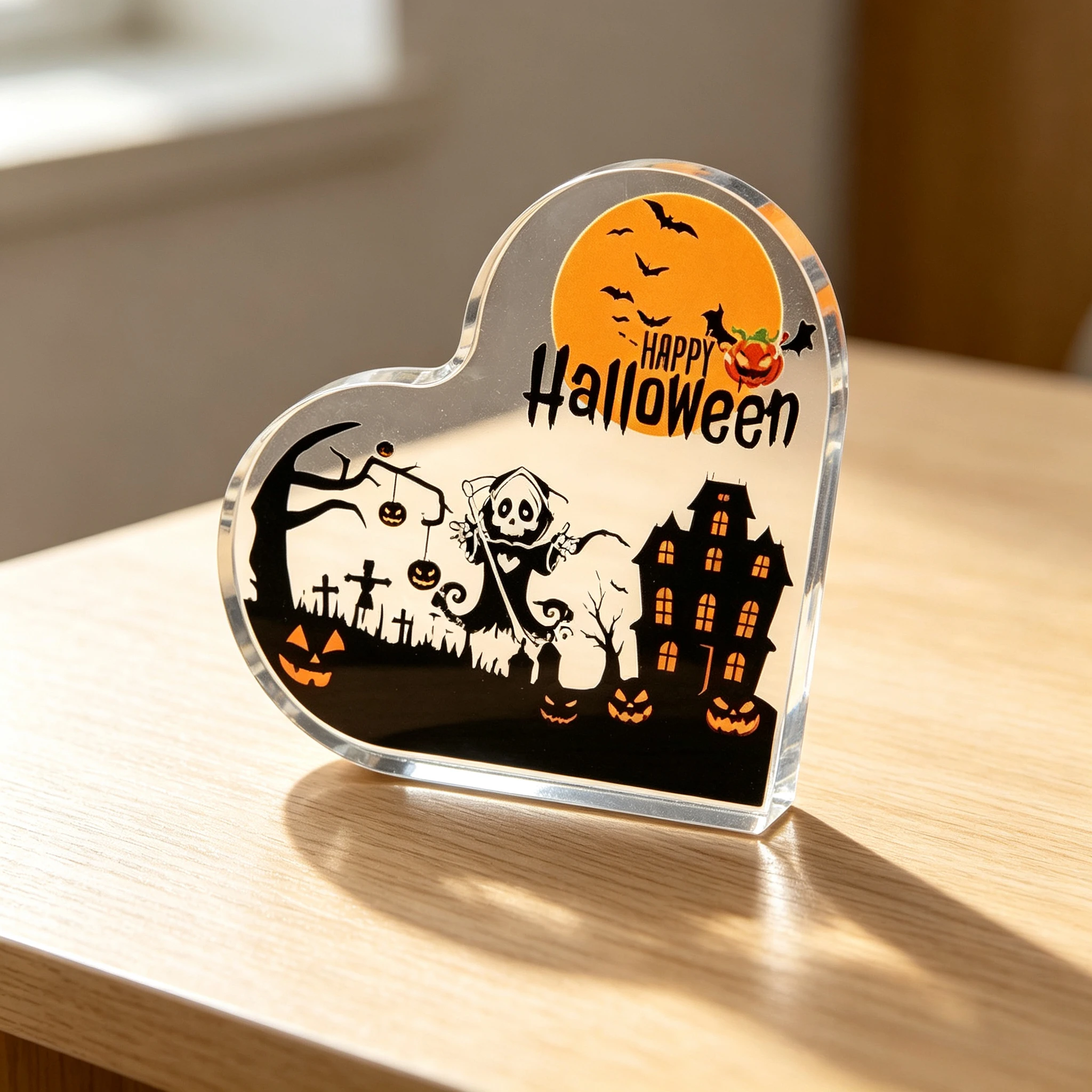 Happy Halloween Heart‑Shaped Acrylic Plaque, Grim Reaper Haunted House Pumpkin Table Decor