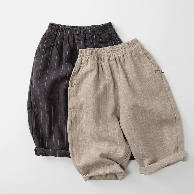 

2026 Spring New Children Loose Trousers Girls Casual Pants Fashion Boys Vertical Striped Harem Pants Linen Cotton Kids Clothes